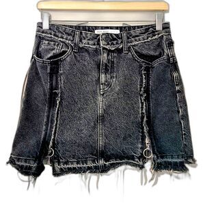 ZARA Double Front Zipped Slit Distressed Fray Hem Goth Vibe Denim Miniskirt SzS